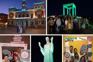 Collage con fotos de la campaña contigo hasta la médula: El Ayuntamiento de Valladolid, los Cuatro postes de Ávila y el cristo del Otero de palencia iluminados de color verde y gente de las sede de Burgos y León posando en un photocall